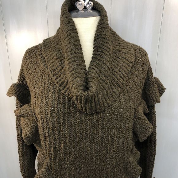 Express Cowl Neck Olive Green Crop Sweater Size Small Ruffle Detail Cowl Neck - Picture 7 of 11